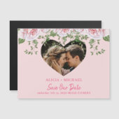 Hart foto roze rozen bruiloft met behoud van datum magnetische uitnodiging (Voorkant / Achterkant)