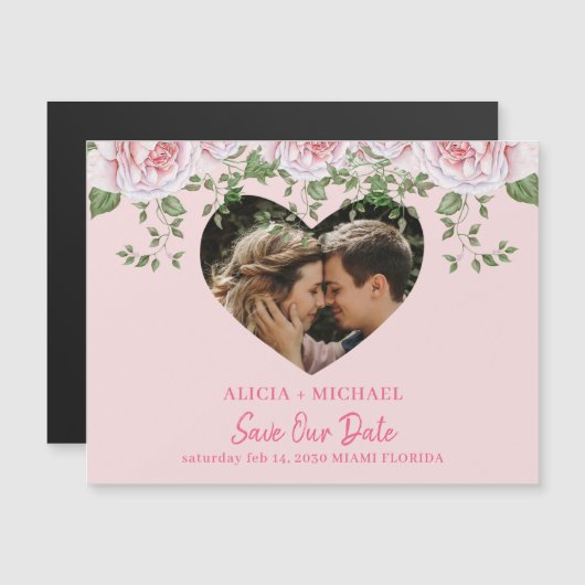 Hart foto roze rozen bruiloft met behoud van datum magnetische uitnodiging (Voorkant / Achterkant)