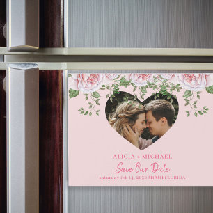 Hart foto roze rozen bruiloft met behoud van datum magnetische uitnodiging