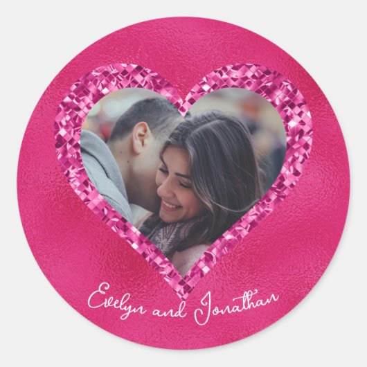 Hart Frame Aangepaste Foto Heet Roze met Diamanten Ronde Sticker (Voorkant)
