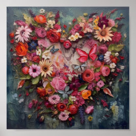 Hart gemaakt van bloemen en vlinders poster