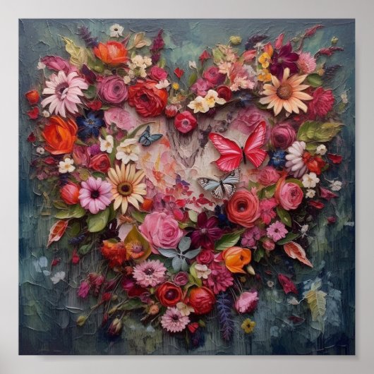 Hart gemaakt van bloemen en vlinders poster (Voorkant)