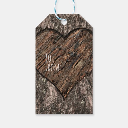 Hart Gesneden Boom Boomstam Bark Rustieke Bruiloft Cadeaulabel (Voorkant)