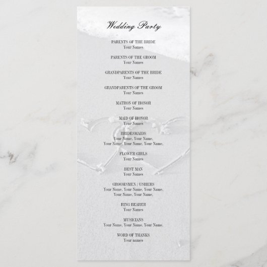 Hart getekend in strand zand huwelijksceremonie pr programmakaart (Achterkant)