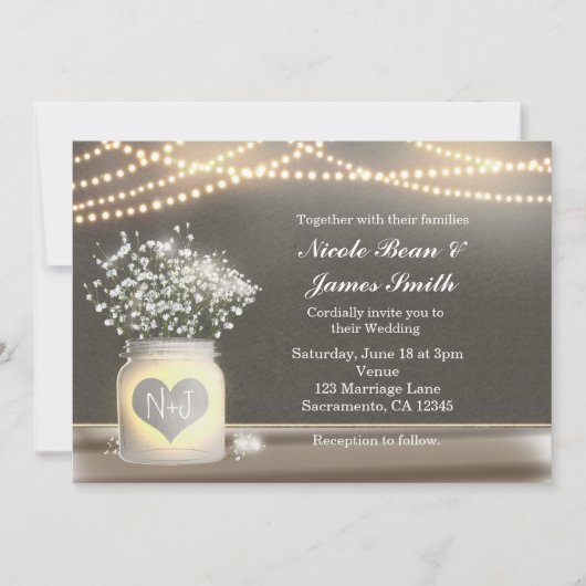 Hart Glowing Metselwerk Pot & Baby's Breath Uitnod Kaart (Voorkant)