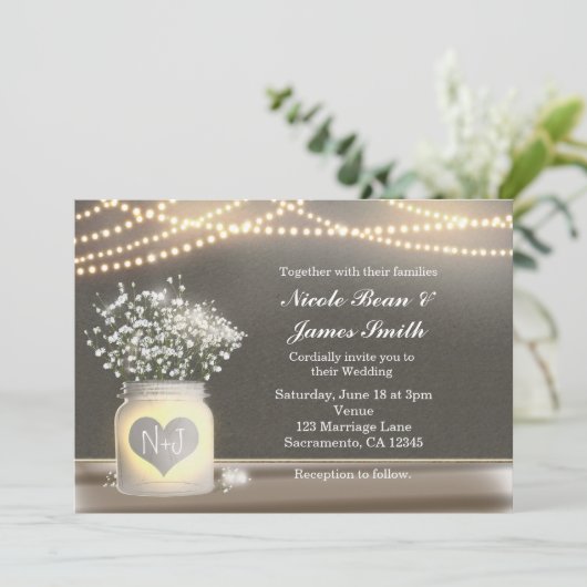 Hart Glowing Metselwerk Pot & Baby's Breath Uitnod Kaart (Staand voorkant)