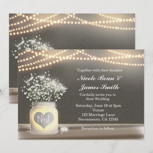 Hart Glowing Metselwerkpot & Baby's Breath Uitnodi Kaart (Voorkant / Achterkant)