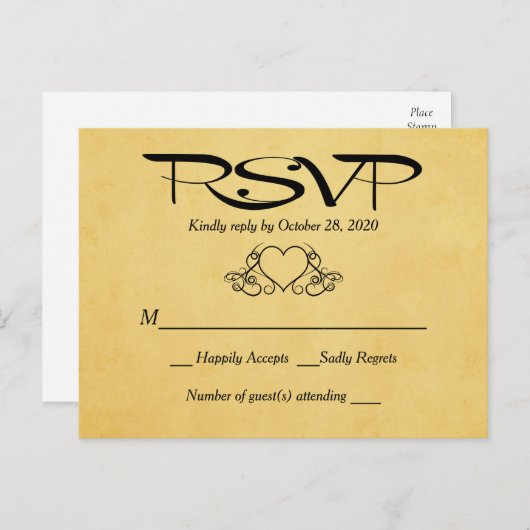  Hart Goud & Zwart RSVP Huwelijksreactie Uitnodiging Briefkaart (Voorkant / Achterkant)