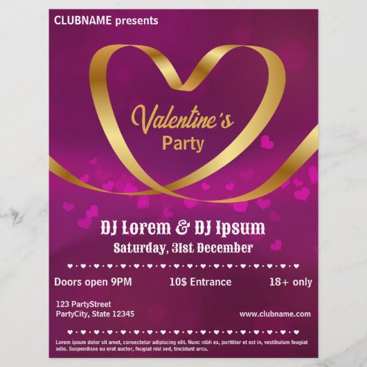 Hart Gouden Lint Paars Valentijn Feest Flyer (Voorkant)