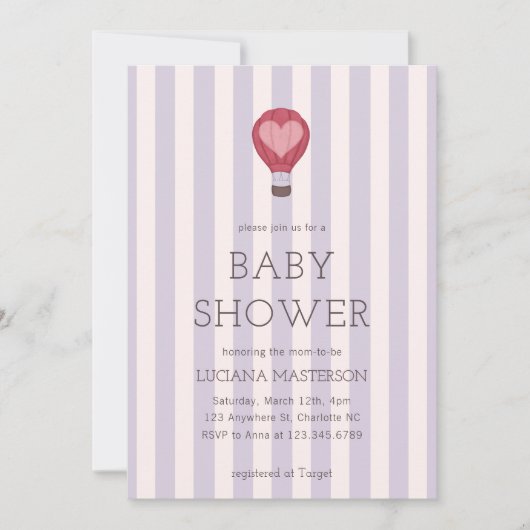 Hart Hete Luchtballon Pastel Paarse Baby shower Kaart (Voorkant)