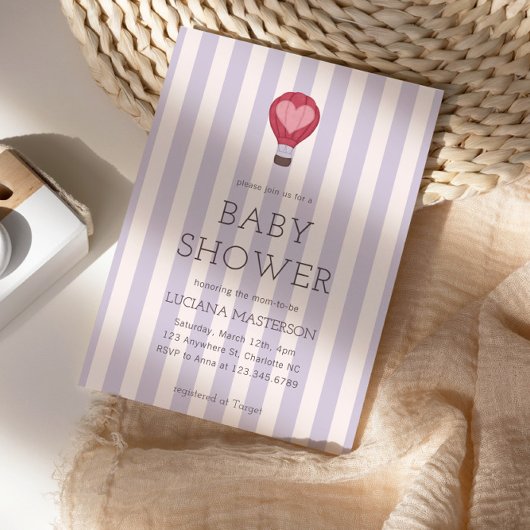 Hart Hete Luchtballon Pastel Paarse Baby shower Kaart