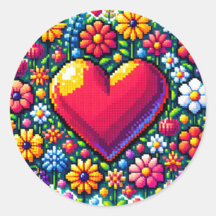 Hart in Bloemen Pixel Art Ronde Sticker