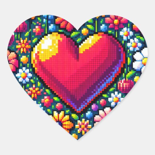 Hart in Bloemen Pixel Art Sticker (Voorkant)