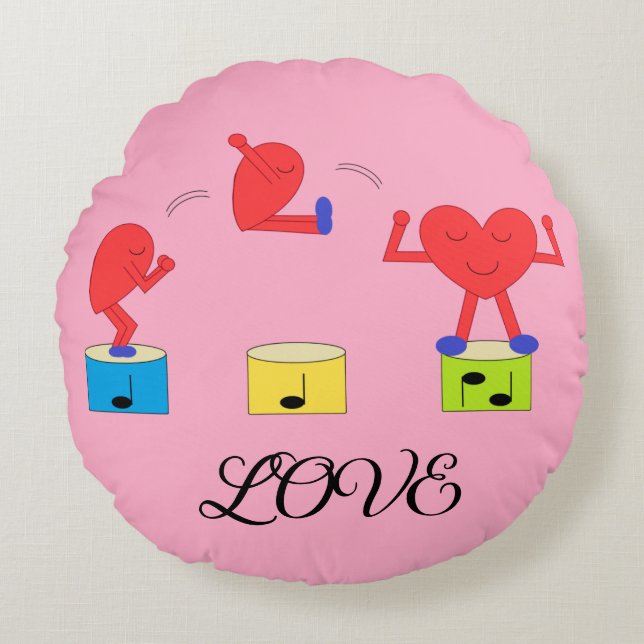 Hart in de liefde met springen: Roos-gekleurd Rond Kussen (Voorkant)