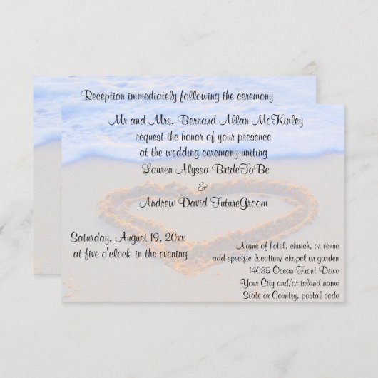 Hart in de ontvangst van zand-strand bruiloft kaart (Voorkant / Achterkant)