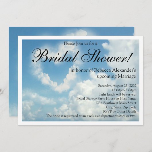 Hart in de wolken, bruids douche uitnodigingen (Voorkant / Achterkant)