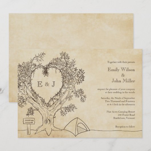 Hart in een Boom Camping Wedding Invitations Kaart (Voorkant / Achterkant)