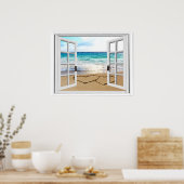Hart in het venster Zand Faux Beach Uitzicht Poster (Keuken)