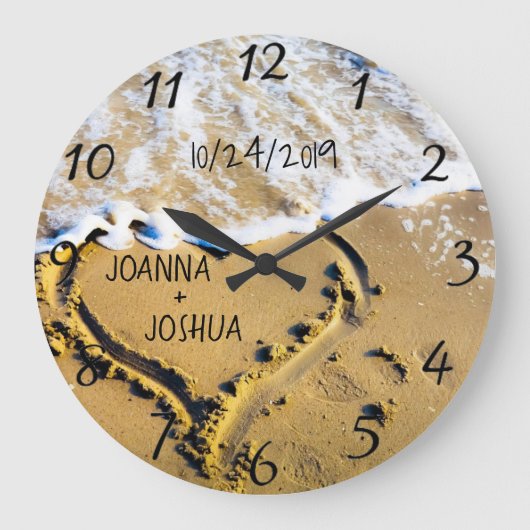 Hart in het Zand Strand Tropisch Zeezicht Custom Grote Klok (Voorkant)