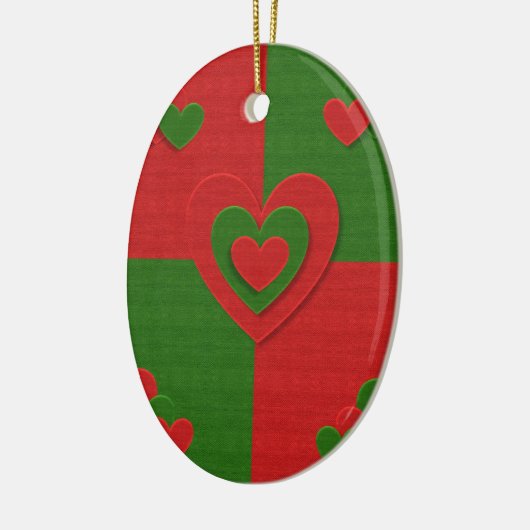 Hart in kerstkleuren: Red Green Felting Kijk Keramisch Ornament (Links)