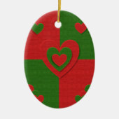 Hart in kerstkleuren: Red Green Felting Kijk Keramisch Ornament (Voorkant)