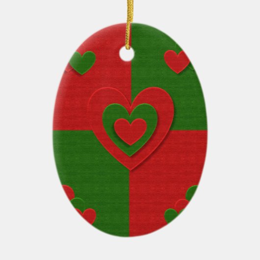 Hart in kerstkleuren: Red Green Felting Kijk Keramisch Ornament (Voorkant)