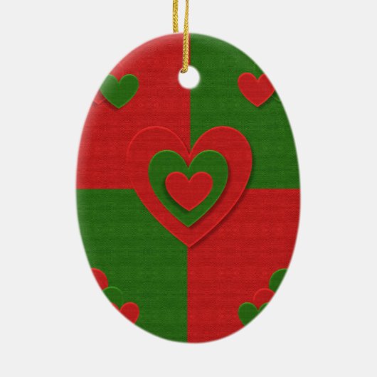 Hart in kerstkleuren: Red Green Felting Kijk Keramisch Ornament (Achterkant)