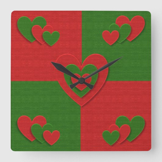 Hart in kerstkleuren: Red Green Felting Kijk Vierkante Klok (Voorkant)