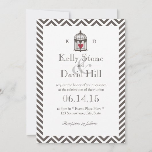  hart in vogelkooi Chevron Stripes Wedding Kaart (Voorkant)