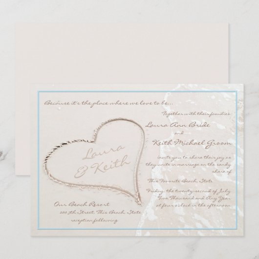 Hart in Zand Beach Bruiloft Kaart (Voorkant / Achterkant)