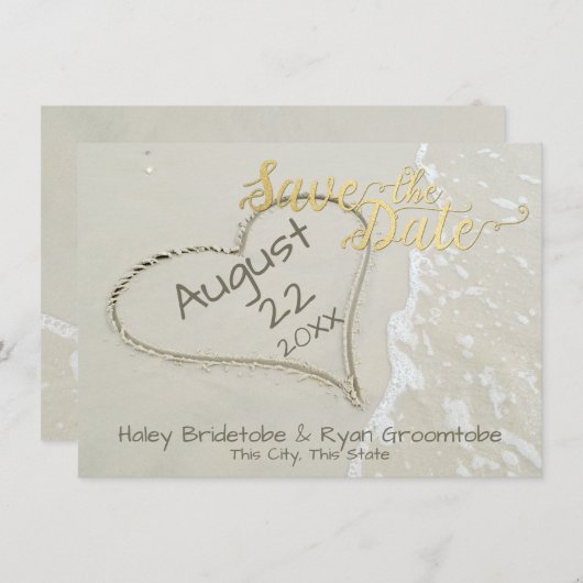 Hart in Zand Beach Bruiloft Save The Date (Voorkant / Achterkant)