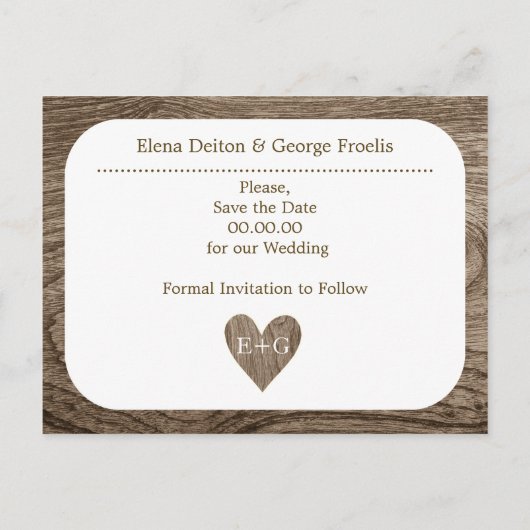 Hart & initialen hout rustieke bruiloft Save the D Aankondigingskaart (Achterkant)