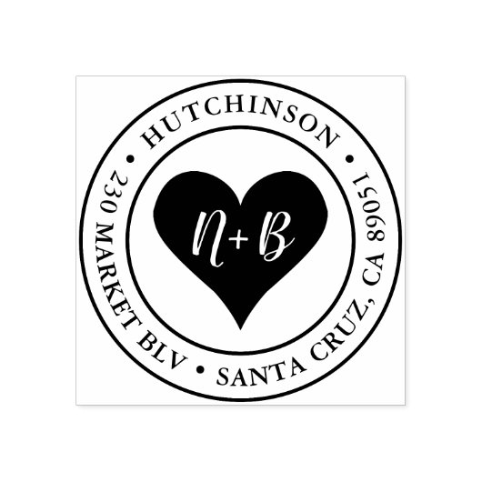 Hart Initialen | Ronde bruiloft retour adres Rubberstempel (Afrduk)