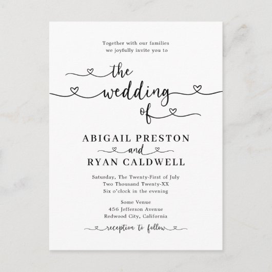 Hart kalligrafie budget bruiloft briefkaart (Voorkant)