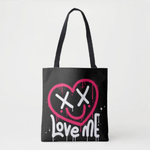 Hart karakter met dode ogen en glimlach gespoten tote bag