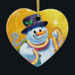 Hart Kerstboom decoratie Snowman & tinsel.<br><div class="desc">Hartvormige gouden kerstboom decoratie Snowman en klatergoud. Deze vrolijke sneeuwman staat op het punt zijn boom te versieren met kleurrijk klatergoud. Bekijk de andere personages in deze zelfde serie, Santa en Polar Beer en Rudolph.</div>