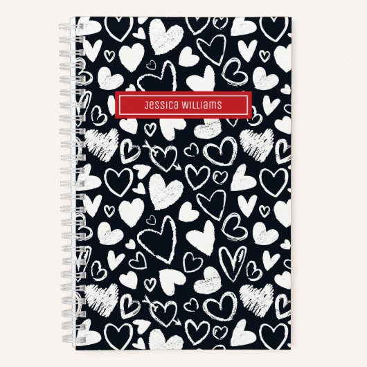 Hart Krijt Doodle en Liefde Patroon Cute Zwart Notitieboek (Voorkant)