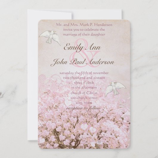 Hart Leaf Bleek Dogwood Pink Tree Dove Weddenschap Kaart (Voorkant)