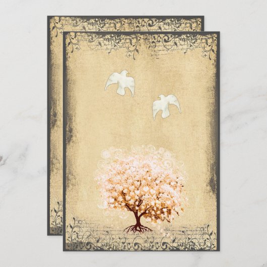 Hart Leaf Coral Tree Dove Love Bird Weddings Kaart (Voorkant / Achterkant)