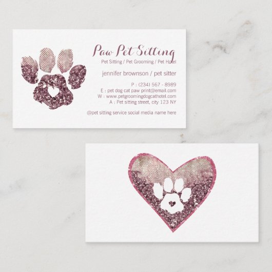 Hart Liefde Quartz Pet Sitter Grooming Paw Visitekaartje (Voorkant / Achterkant)