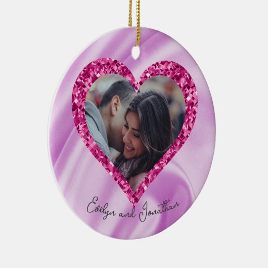 Hart Lijst Aangepast Foto Roze Zijde Zijde & Diama Keramisch Ornament (Rechts)