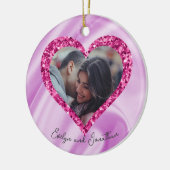 Hart Lijst Aangepast Foto Roze Zijde Zijde & Diama Keramisch Ornament (Links)