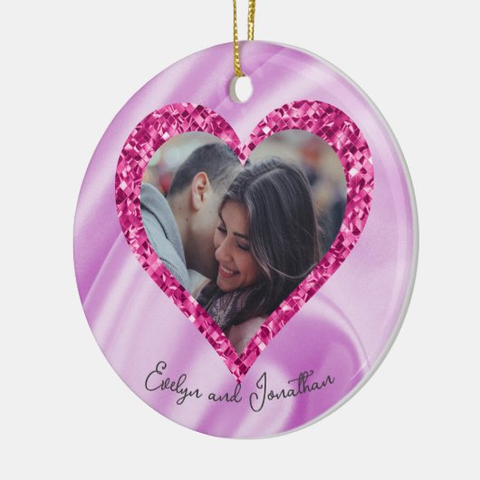 Hart Lijst Aangepast Foto Roze Zijde Zijde & Diama Keramisch Ornament (Links)