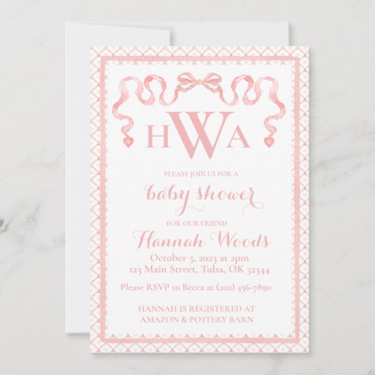 Hart Lint Coquette Monogram Baby shower Kaart (Voorkant)