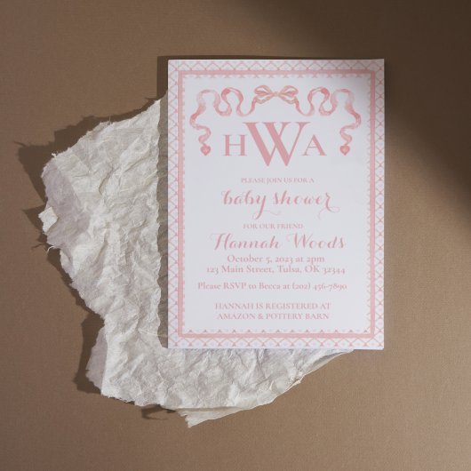 Hart Lint Coquette Monogram Baby shower Kaart