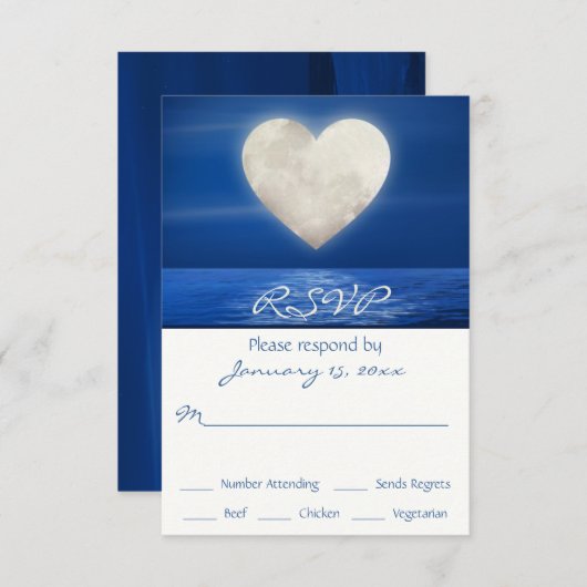 Hart Maan Over Water Strand Bruiloft RSVP Kaartje (Voorkant / Achterkant)