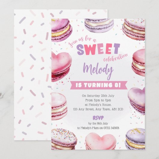 Hart Macaron Verjaardag Nodig Sweet Celebration ui Kaart (Voorkant / Achterkant)