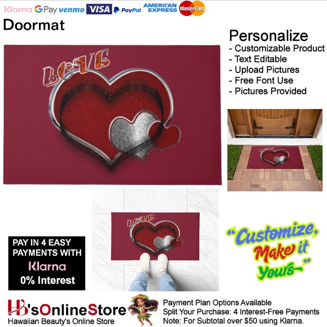 Hart Magische Deurmat met Maroon Achtergrond (Heart Magic Door Mat with Maroon Background.)