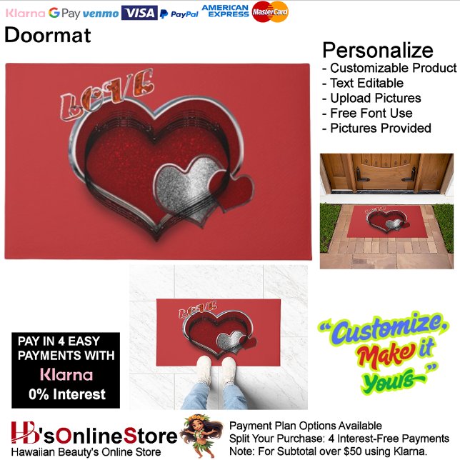 Hart Magische Deurmat met Rode Achtergrond (Heart Magic Door Mat with Red Background.)