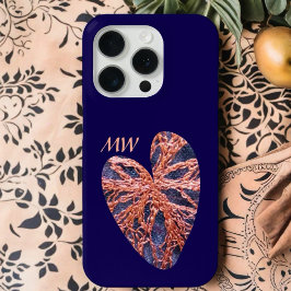 Hart marineblauw sinaasappel monogram borduurwerk  iPhone 15 pro case